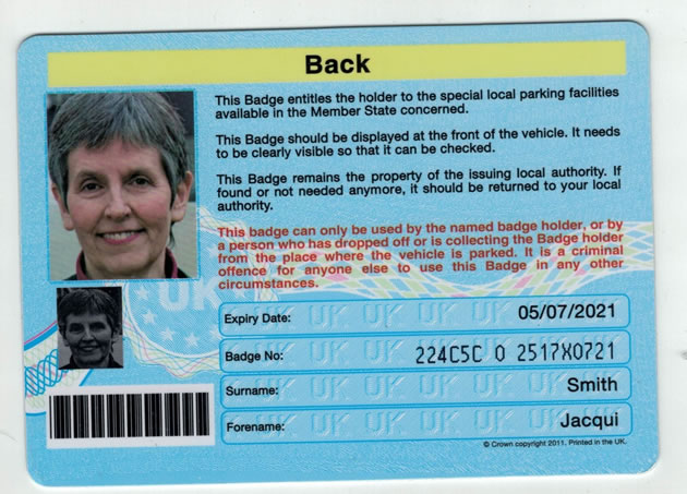 An example of the fake disabled parking badge featuring Dame Cressida 