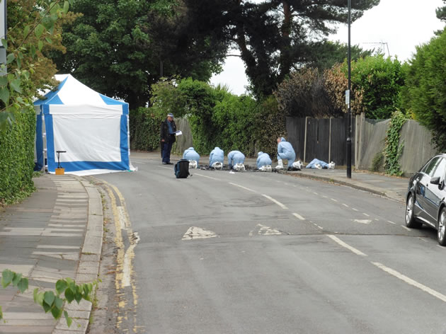 Forensics officers perform fingertip search on nearby Elderberry Road