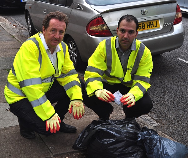 Cllr Bell and Cllr Mahfouz with flytipped rubbish...
