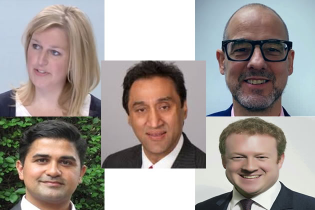 Candidates for the Ealing and Hillingdon seat. Onkar Sahota (centre). Clockwise from top left: Marijn Van De Geer, Anthony Goodwin, Gregory Stafford, Hussain Khan