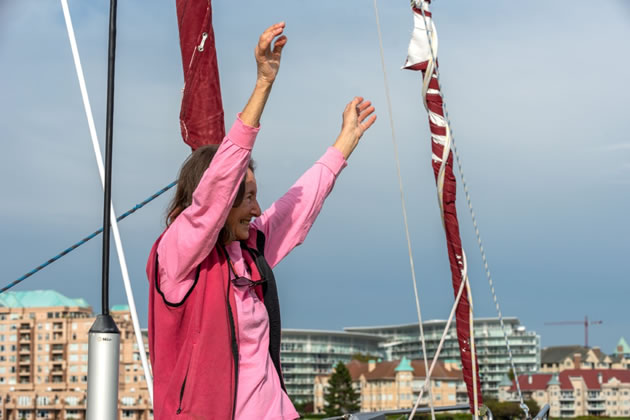 Jeanne Socrates celebrates the end of her epic journey. Picture: James Holkko 
