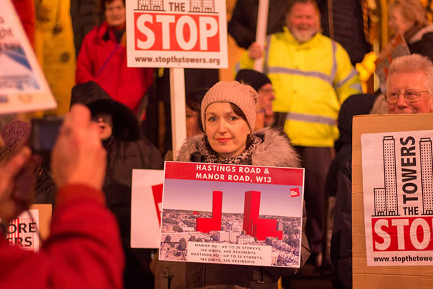 Justine Sullivan protesting in February 2020 against plans for tower blocks in West Ealing. Image: Pino Agnello