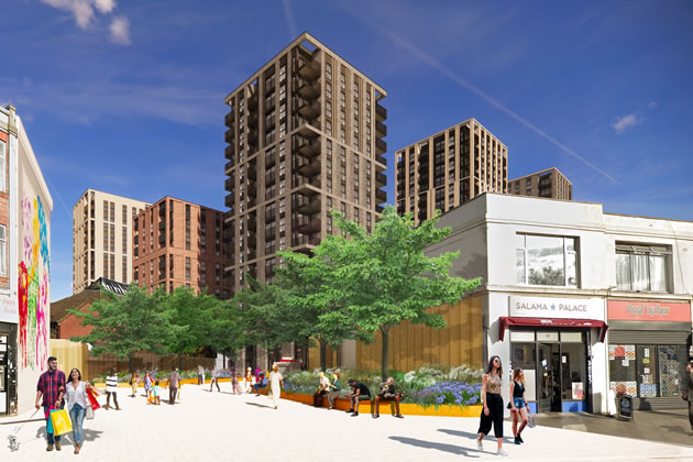 Pedestrian plazas will lead to the development from The Green. Credit: Peabody