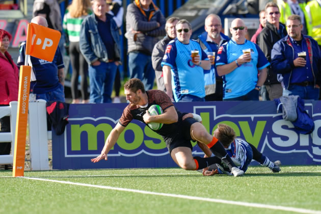 Jonah Holmes crossing the line for one his two tries against Coventry