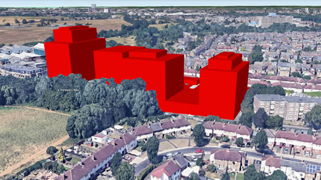 CGI showing the potential massing of the building in Hanwell 