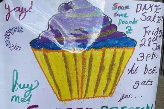 Sign from the original cake sale at Christ the Saviour School 