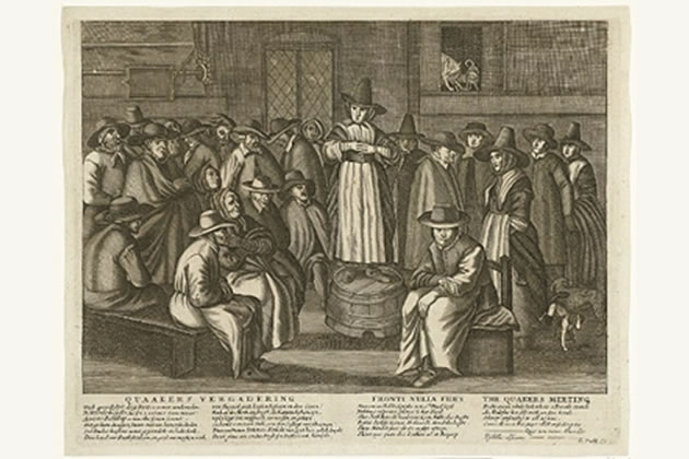 A satirical print titled "The Quakers Meeting," originally created in the Netherlands during the late 17th century. 