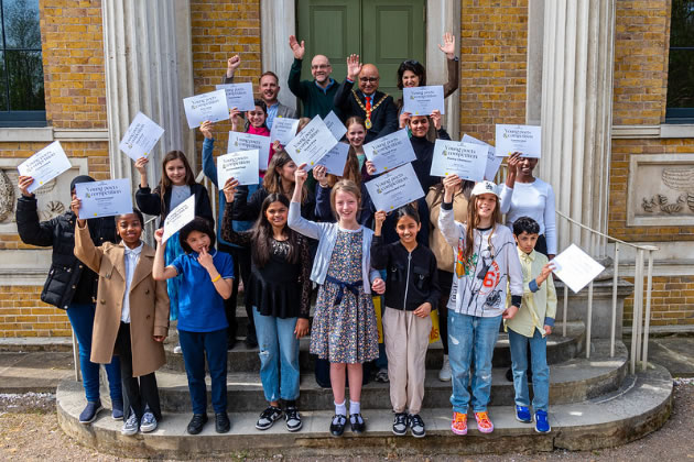 2024 Ealing Book Festival poetry competition prize winners and judges outside Pitzhanger Manor