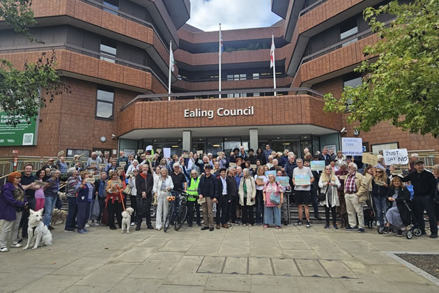 Protestors against the Walpole Park Theatre assembled in front of Perceval House